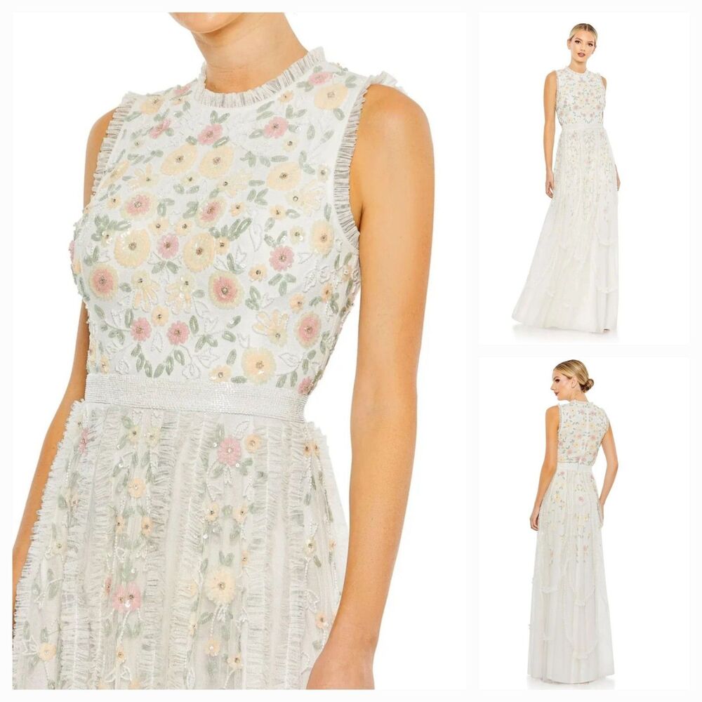 New MAC DUGGAL 9137 (16) Ivory ruffle Pastel Sequin Flower Sleeveless Maxi Dress